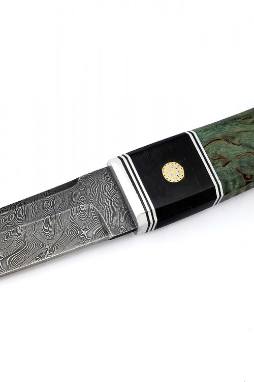 Нож Танто малый дамаск карельская береза зеленая 