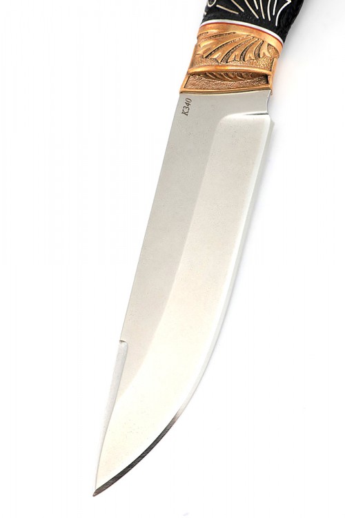 Нож Ястреб сталь К340 рукоять бронза черный граб резной с инкрустацией 