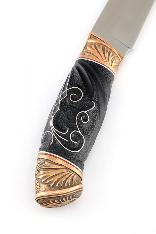 Нож Ястреб сталь К340 рукоять бронза черный граб резной с инкрустацией 