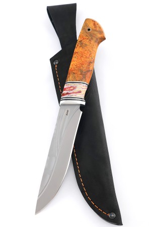 Нож Лось сталь К340 фигурные долы рукоять мельхиор зуб мамонта кап клена оранжевый