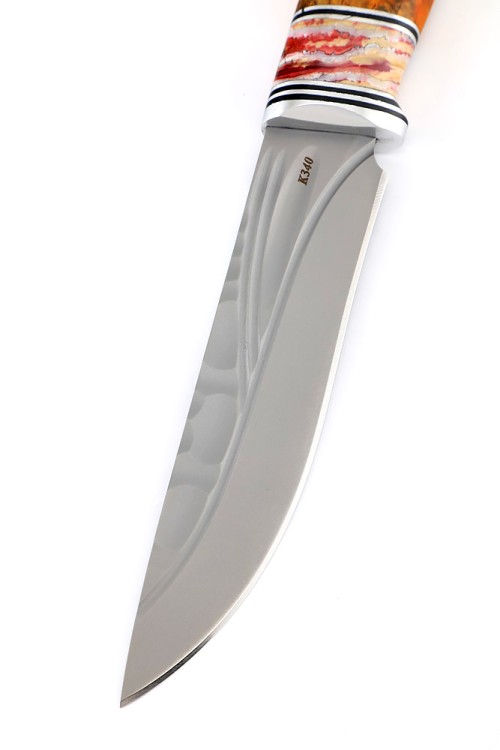 Нож Лось сталь К340 фигурные долы рукоять мельхиор зуб мамонта кап клена оранжевый 