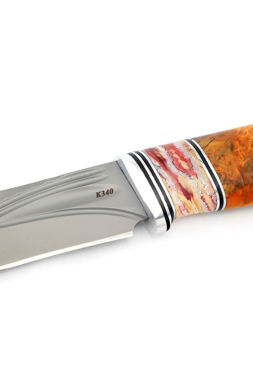 Нож Лось сталь К340 фигурные долы рукоять мельхиор зуб мамонта кап клена оранжевый 