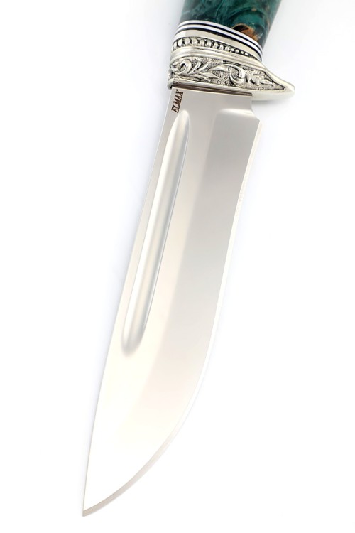 Нож Лось сталь Elmax рукоять мельхиор, кап клена зеленый 