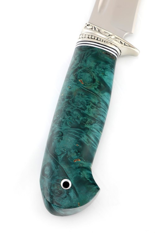 Нож Лось сталь Elmax рукоять мельхиор, кап клена зеленый 