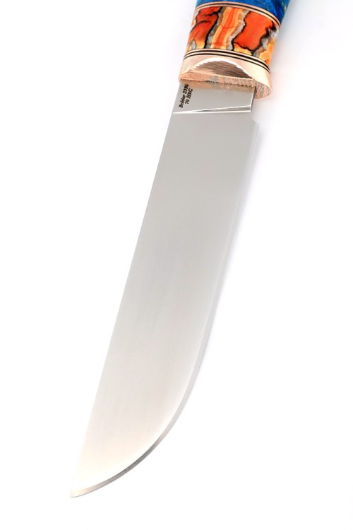 Нож Перун сталь S390, рукоять вставка зуб мамонта, кап клена синий 