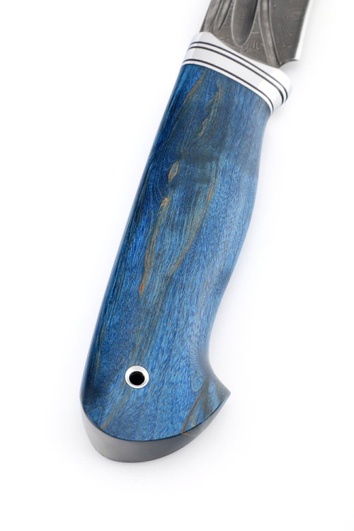 Нож Лось сталь дамаск фигурные долы рукоять карельская береза синяя 