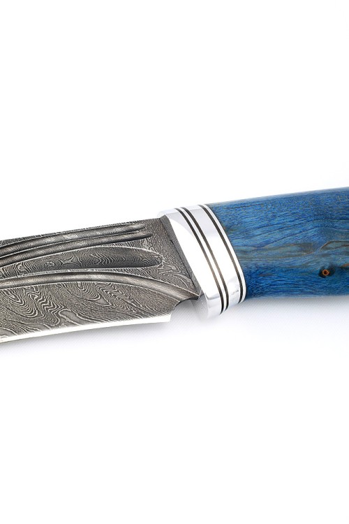 Нож Лось сталь дамаск фигурные долы рукоять карельская береза синяя 
