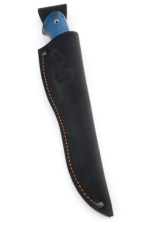 Нож Лось сталь дамаск фигурные долы рукоять карельская береза синяя 