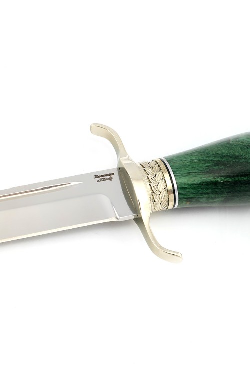 Нож Классика сталь кованая Х12МФ рукоять мельхиор, карельская береза зеленая 