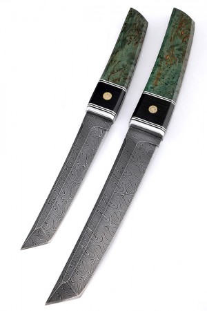 Комплект из 2 ножей "Танто" дамаск карельская береза зеленая
