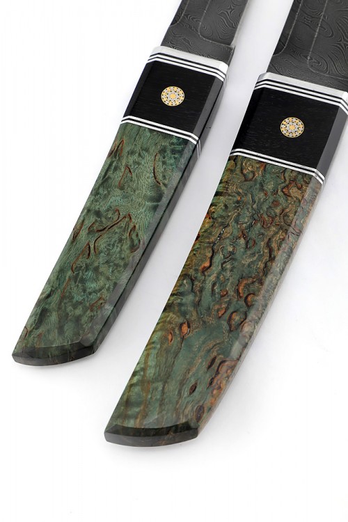 Комплект из 2 ножей "Танто" дамаск карельская береза зеленая 