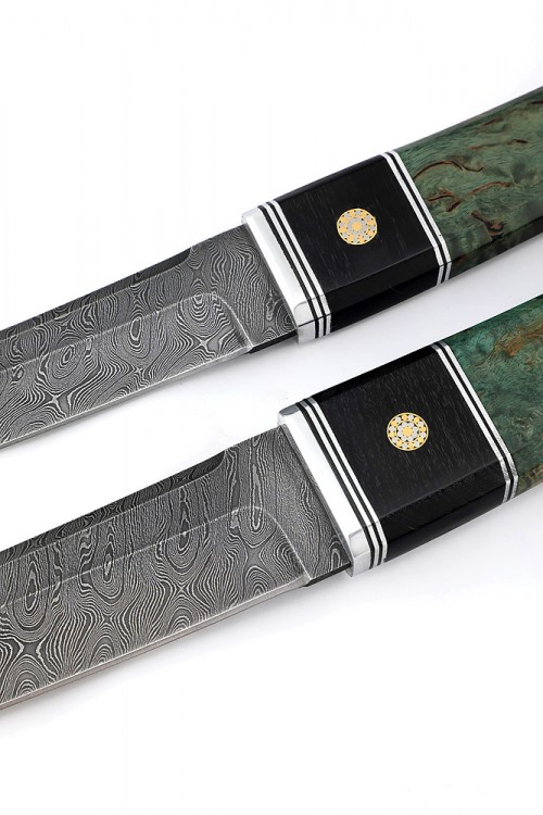 Комплект из 2 ножей "Танто" дамаск карельская береза зеленая 