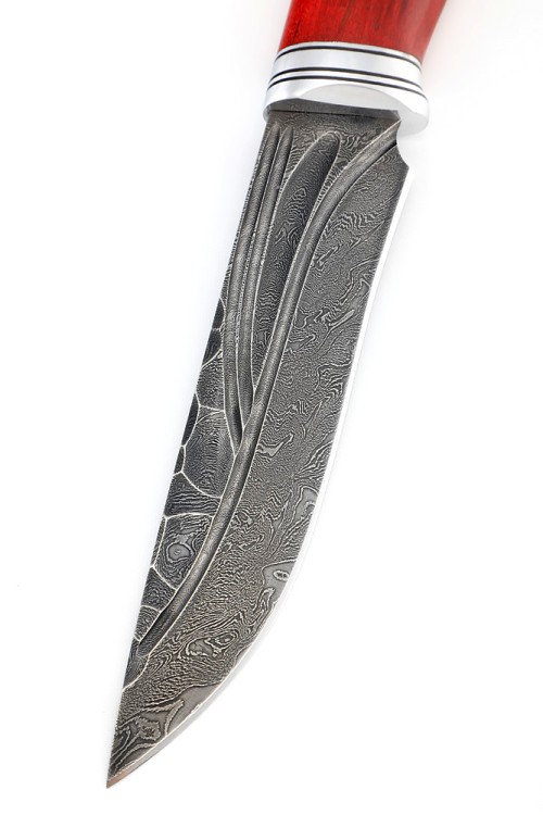 Нож Лось сталь дамаск фигурные долы рукоять карельская береза красная 