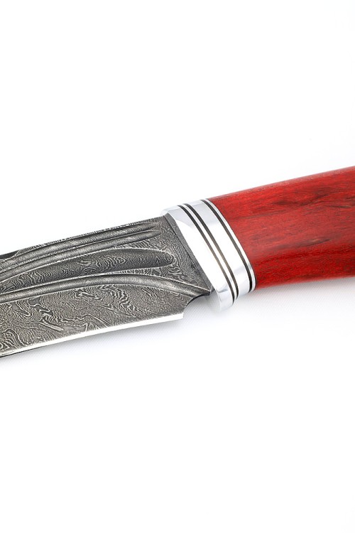 Нож Лось сталь дамаск фигурные долы рукоять карельская береза красная 