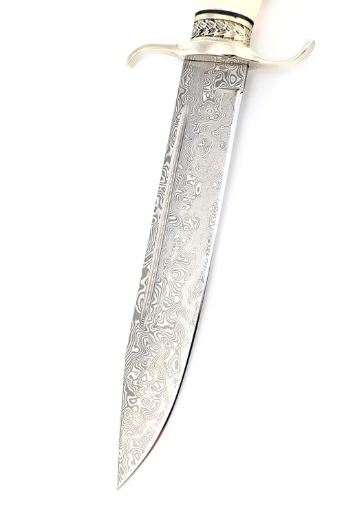 Нож Классика сталь дамаск нержавеющий, рукоять мельхиор, элфорин (скримшоу) ФОРМОВАННЫЕ НОЖНЫ 