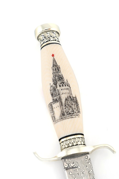 Нож Классика сталь дамаск нержавеющий, рукоять мельхиор, элфорин (скримшоу) ФОРМОВАННЫЕ НОЖНЫ 