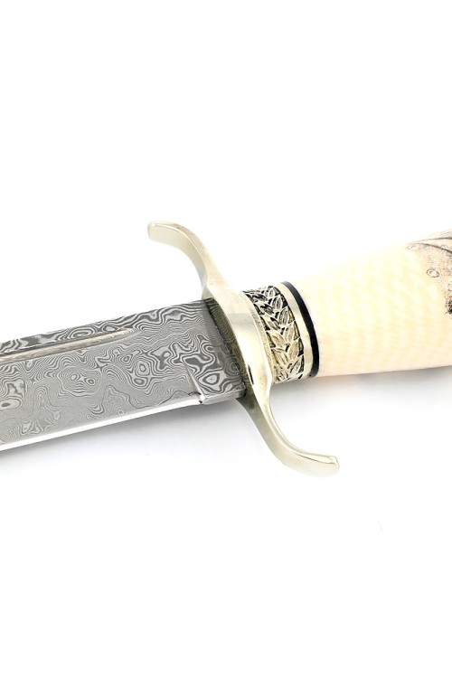 Нож Классика сталь дамаск нержавеющий, рукоять мельхиор, элфорин (скримшоу) ФОРМОВАННЫЕ НОЖНЫ 