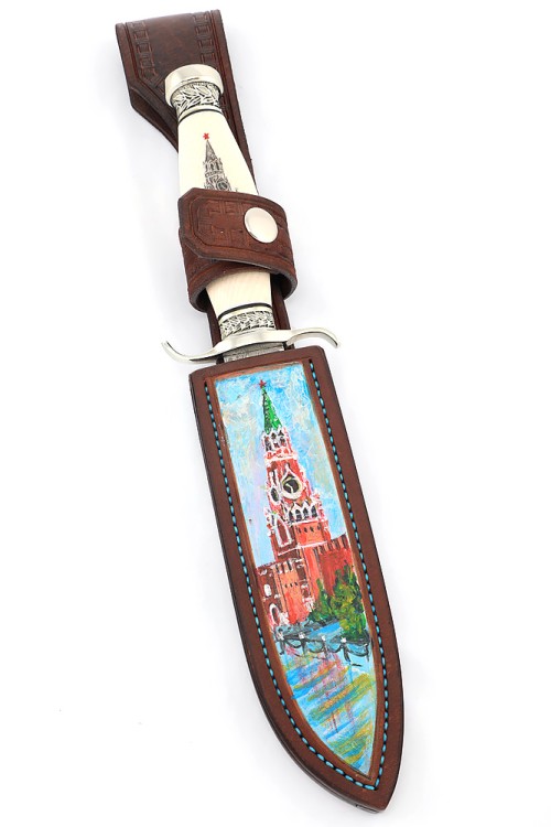 Нож Классика сталь дамаск нержавеющий, рукоять мельхиор, элфорин (скримшоу) ФОРМОВАННЫЕ НОЖНЫ 