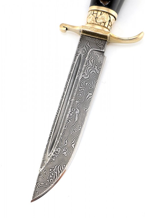 Нож экслюзивный финка НКВД нержавеющий дамаск (скримшоу) ножны из кожи растительного дубления 