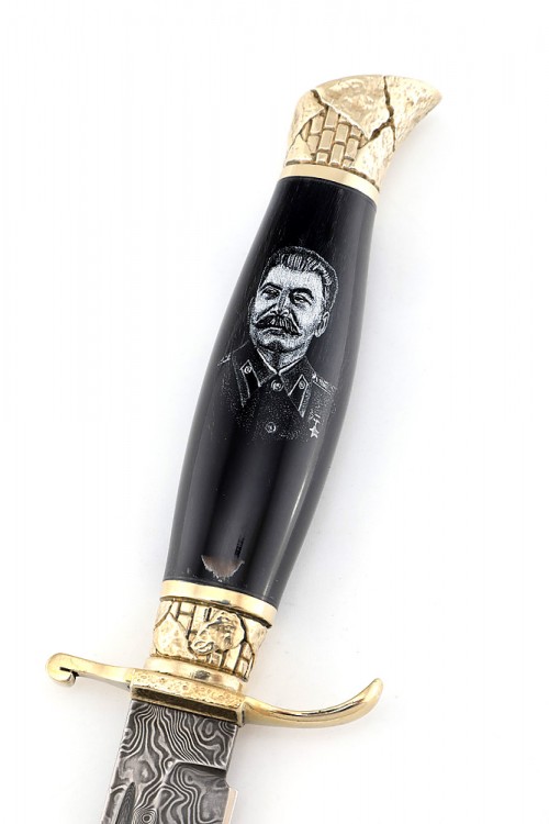 Нож экслюзивный финка НКВД нержавеющий дамаск (скримшоу) ножны из кожи растительного дубления 