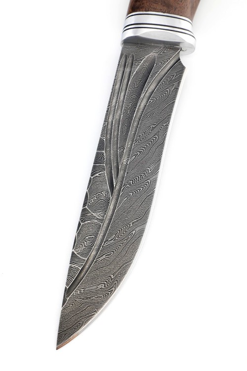 Нож Лось сталь дамаск фигурные долы рукоять карельская береза коричневая 