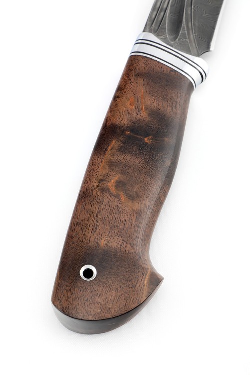 Нож Лось сталь дамаск фигурные долы рукоять карельская береза коричневая 