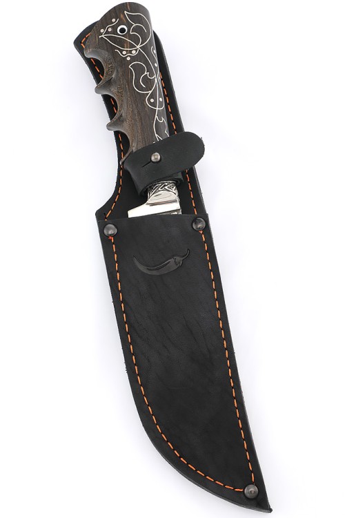 Нож Узбек-2 дамаск ламинированный, рукоять мельхиор, карельская береза коричневая с инкрустацией 