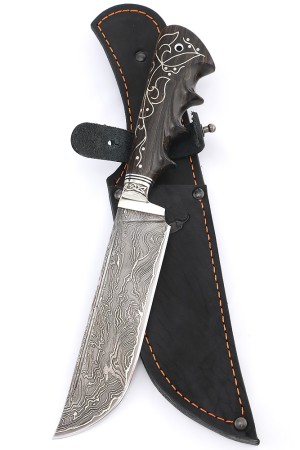 Нож Узбекский-2 дамаск ламинированный, рукоять мельхиор, карельская береза коричневая с инкрустацией