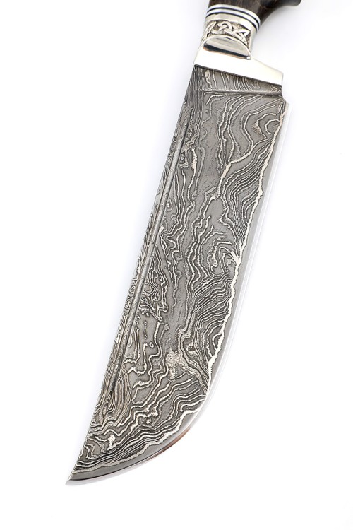 Нож Узбек-2 дамаск ламинированный, рукоять мельхиор, карельская береза коричневая с инкрустацией 