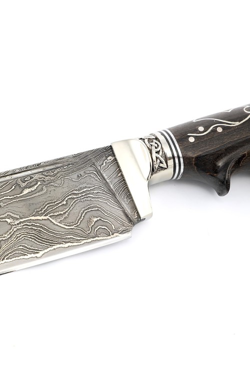 Нож Узбек-2 дамаск ламинированный, рукоять мельхиор, карельская береза коричневая с инкрустацией 