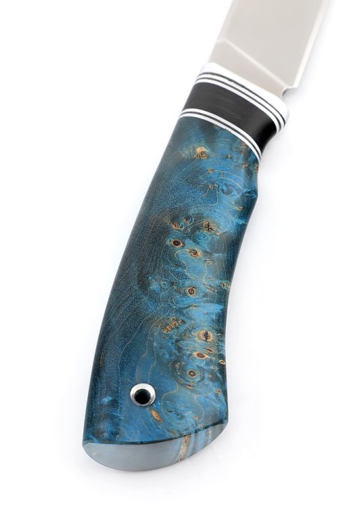 Нож Егерь сталь К340 рукоять вставка черный граб, карельская береза синяя 