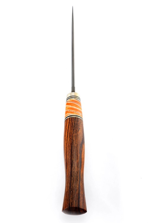 Эксклюзивный нож Стрела (сложный авторский дамаск с никелем, больстер серебро, вставка зуб мамонта, ножны из кожи растительного дубления) 