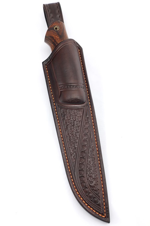 Эксклюзивный нож Стрела (сложный авторский дамаск с никелем, больстер серебро, вставка зуб мамонта, ножны из кожи растительного дубления) 