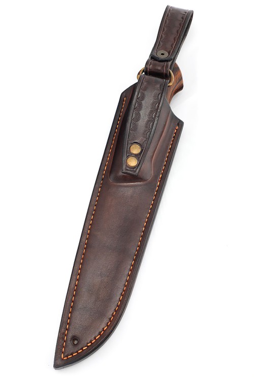 Эксклюзивный нож Стрела (сложный авторский дамаск с никелем, больстер серебро, вставка зуб мамонта, ножны из кожи растительного дубления) 