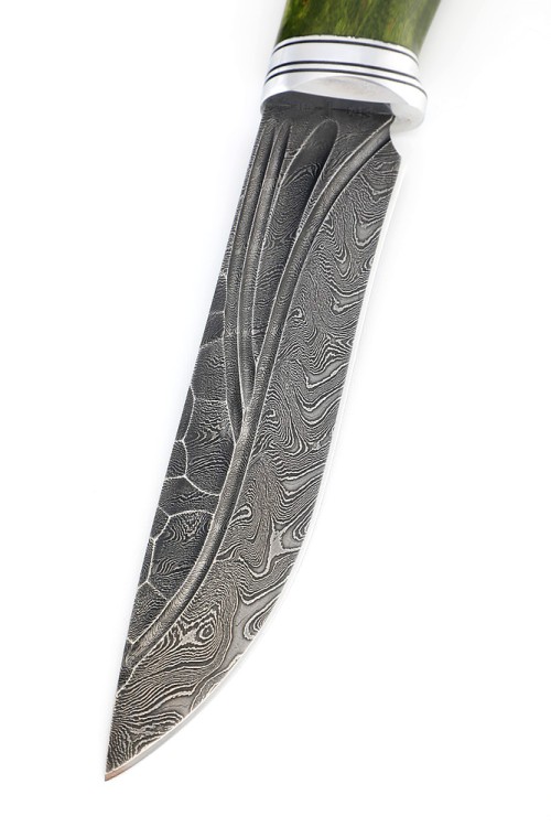 Нож Лось сталь дамаск фигурные долы рукоять карельская береза зеленая 