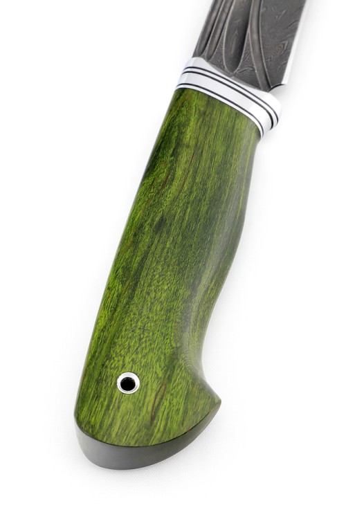 Нож Лось сталь дамаск фигурные долы рукоять карельская береза зеленая 