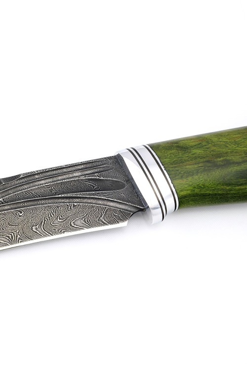 Нож Лось сталь дамаск фигурные долы рукоять карельская береза зеленая 