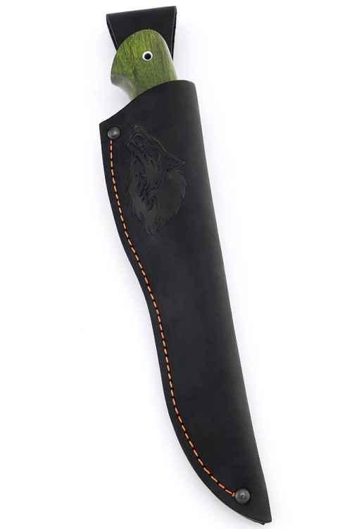 Нож Лось сталь дамаск фигурные долы рукоять карельская береза зеленая 