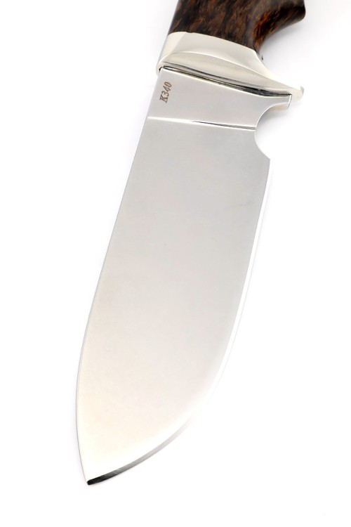 Нож Шкурник сталь К340 рукоять мельхиор карельская береза коричневая 