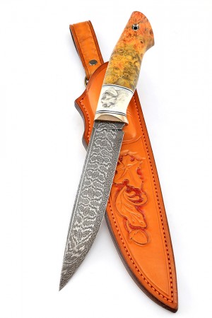 Экслюзивный нож "Дратхар" сложный торцевой дамаск с никелем, больстер мокумэ-ганэ, клык моржа, кап клёна (скримшоу)