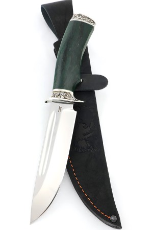 Нож Корсар сталь кованая Х12МФ рукоять мельхиор, карельская береза зеленая