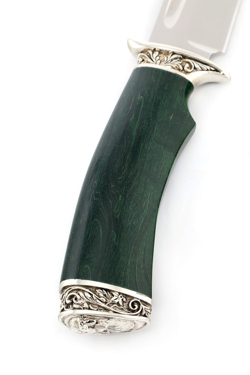 Нож Корсар сталь кованая Х12МФ рукоять мельхиор, карельская береза зеленая 