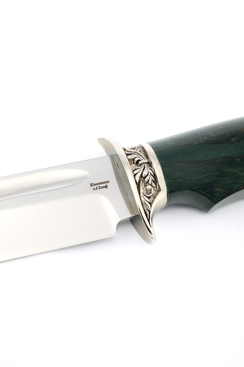 Нож Корсар сталь кованая Х12МФ рукоять мельхиор, карельская береза зеленая 