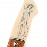 Экслюзивный нож торцевой дамаск, мокумэ-гане, карельская береза, клык моржа (формованные ножны растительного дубления) 
