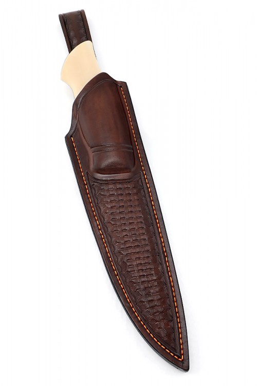 Экслюзивный нож торцевой дамаск, мокумэ-гане, карельская береза, клык моржа (формованные ножны растительного дубления) 