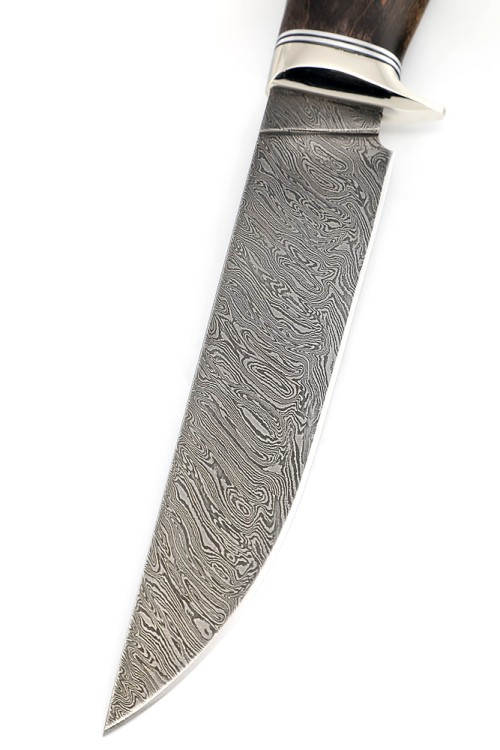 Нож Каюр сталь дамаск рукоять мельхиор, карельская береза коричневая 