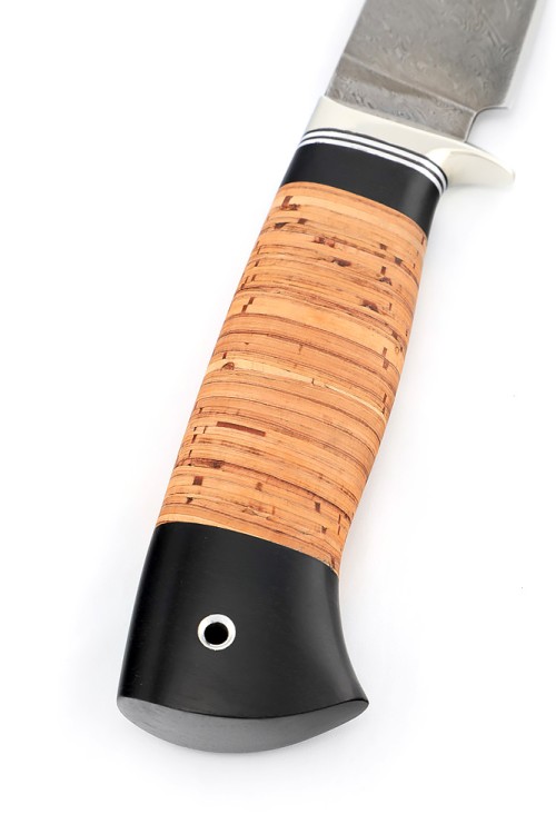 Нож Беркут сталь дамаск, рукоять мельхиор, береста 