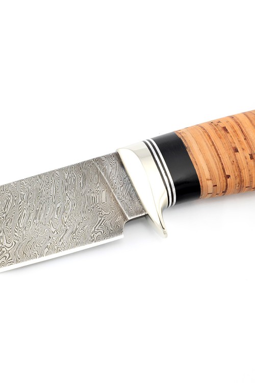 Нож Беркут сталь дамаск, рукоять мельхиор, береста 