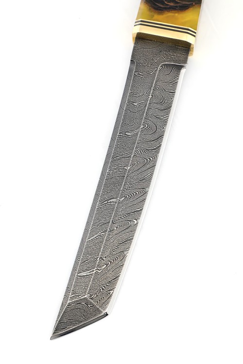 Нож Танто малый дамаск рукоять шишка в акриле желтая 