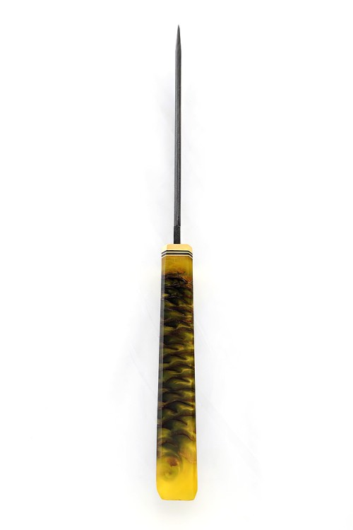 Нож Танто малый дамаск рукоять шишка в акриле желтая 